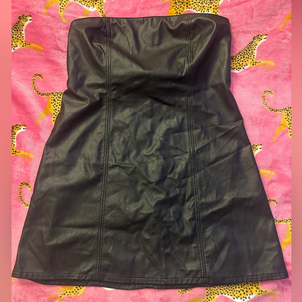 Black faux leather strapless dress